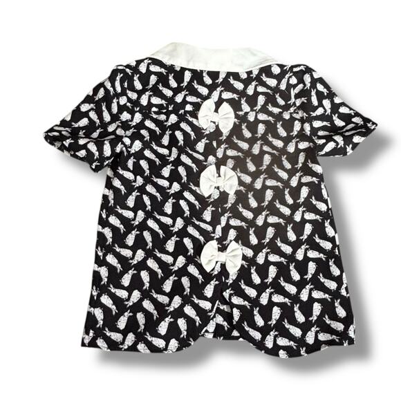 Moon Top Rabbit Print Blouse Black White Exaggerated Peter Pan Collar Bow Tie - Picture 2 of 13